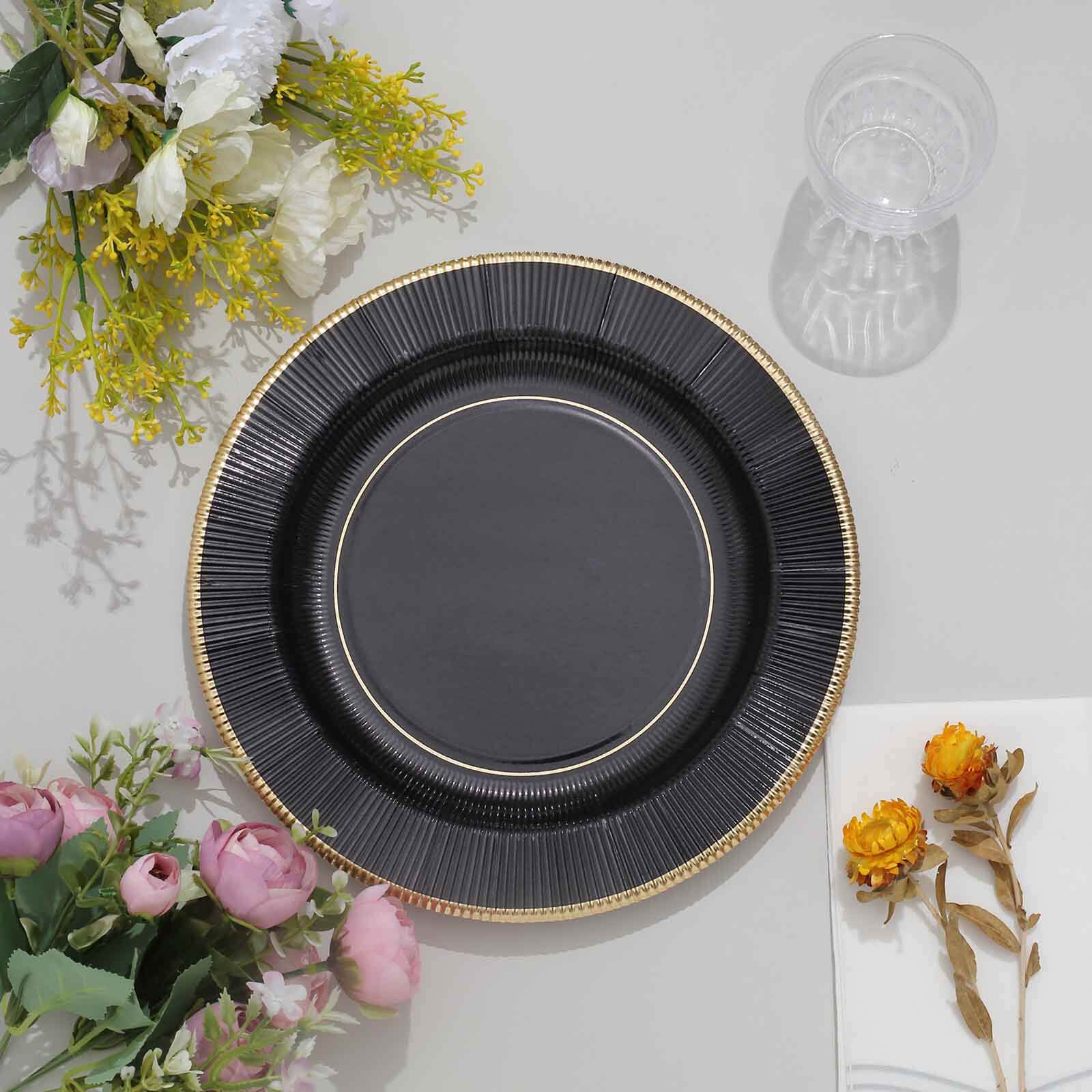 25-Pack Paper 10" Round Dinner Plates in Black Sunray Design with Gold Rim - Disposable Heavy Duty 350GSM Party Plates for Banquets & Celebrations