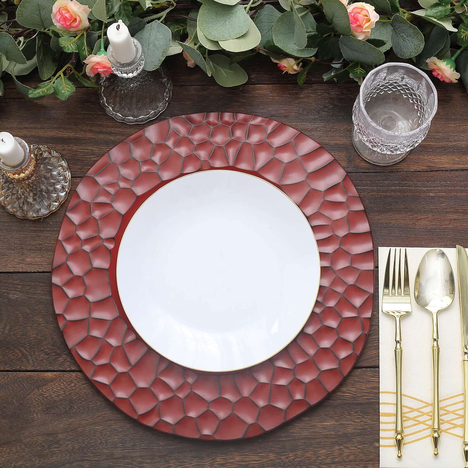 6-Pack Round Charger Plates 13" in Burgundy with Hammered Rim, Matte Finish Modern Dinner Charger Tableware
