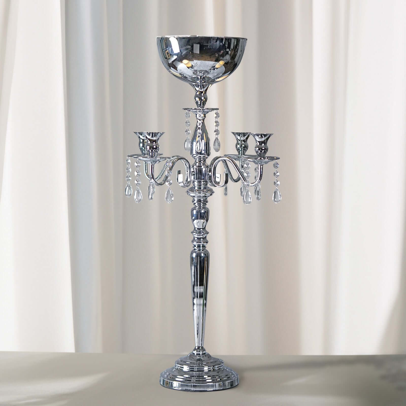 Metal Candelabra 4 Arm Design Silver with Flower Vase Bowl - Table Centerpiece for Weddings 33"