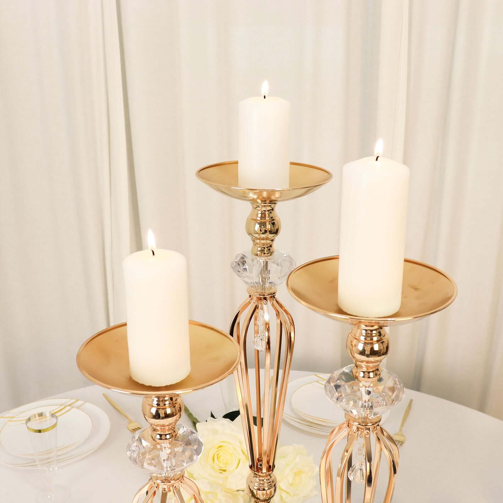 Set of 3 Metal Pedestal Stands with Crystal Ball Flower Bowl Design Gold - Pillar Candle Holders 20", 23", 25"