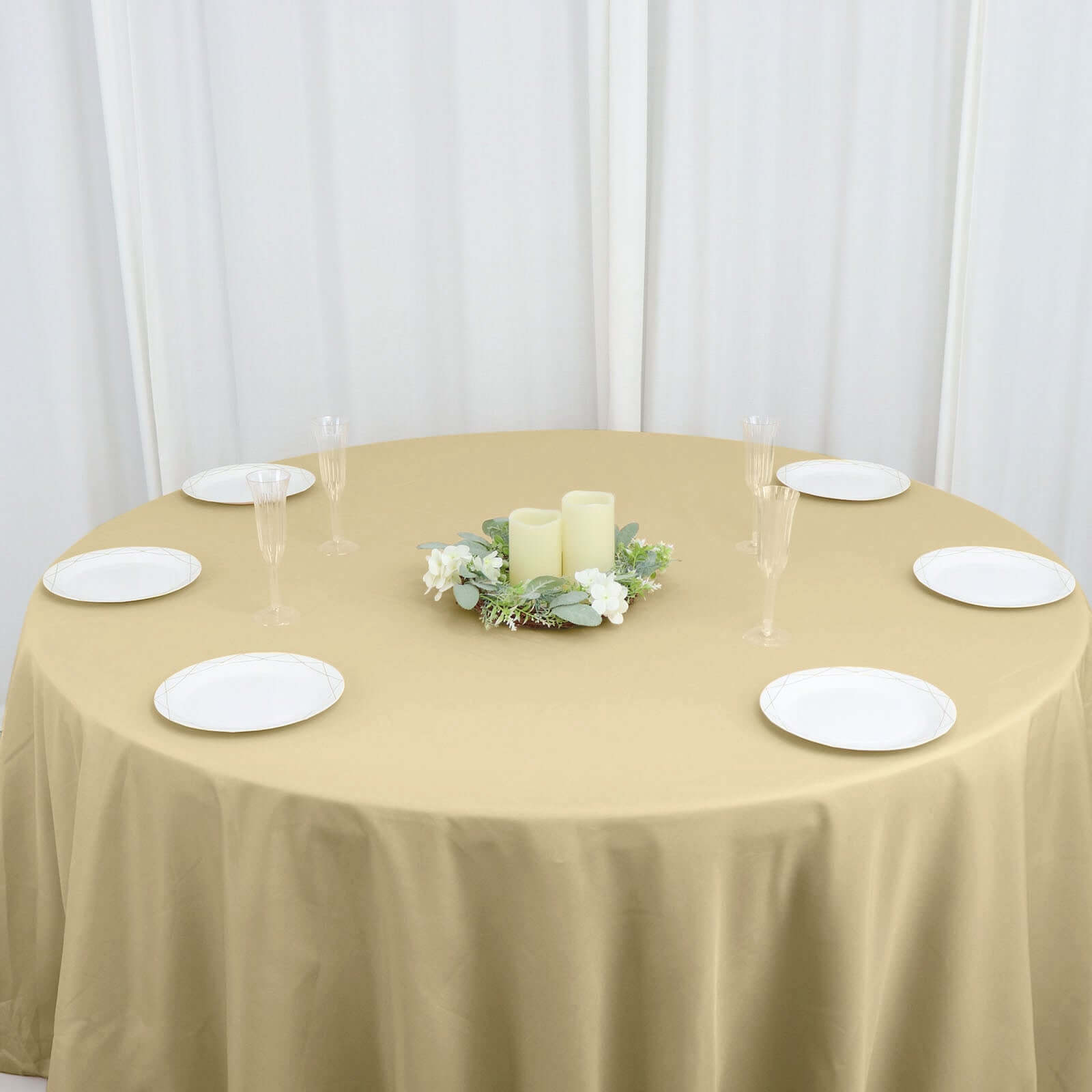Polyester 132" Round Tablecloth Champagne - Seamless Chic Table Cover