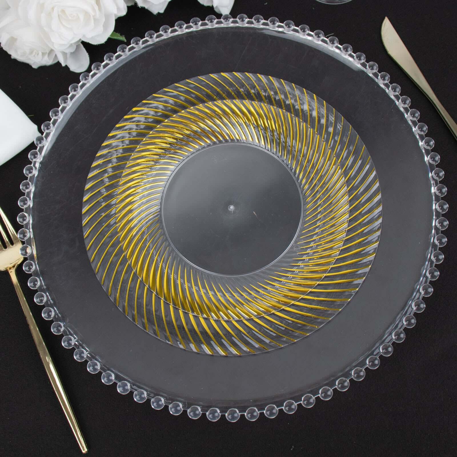 10-Pack Plastic 9" Round Dinner Plates Clear with Gold Swirl Rim - Disposable Party Plates for Classy Events & Banquets