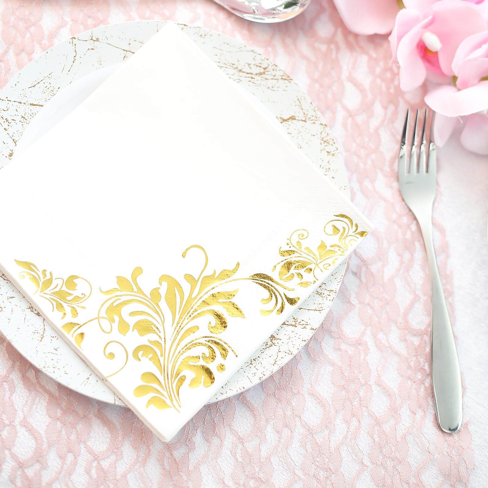 20-Pack Paper Dinner Napkins with Floral Design Metallic Gold - Disposable 3 Ply Cocktail Napkins for Weddings