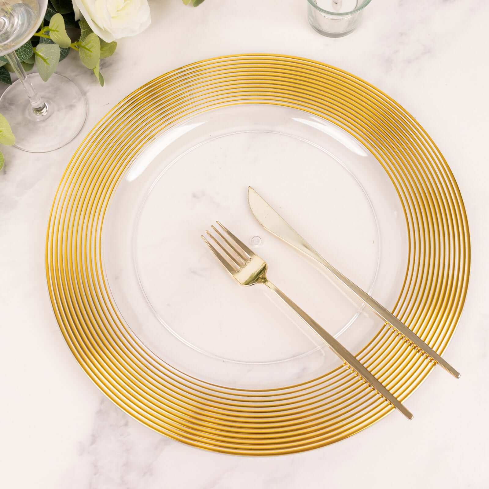 6-Pack Plastic Round Charger Plates 13" in Clear with Gold Lined Ring Rim, Classy Dinner Serving Plates