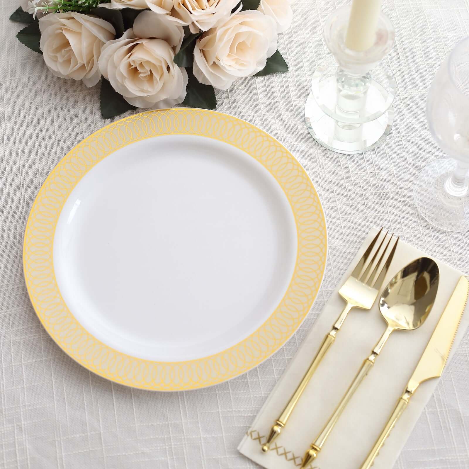 10-Pack Plastic Round Dinner Plates 10" White with Beige Gold Spiral Rim - Chic Disposable Party Plates