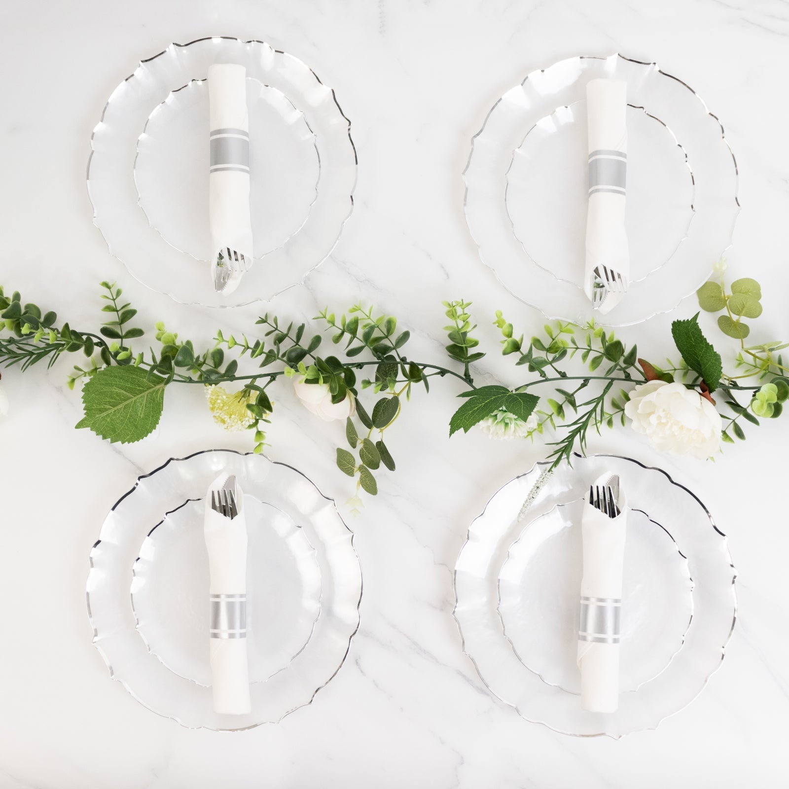 10-Pack Plastic 7" Round Dessert Appetizer Plates in Pearl White Sunflower with Silver Scalloped Rim - Disposable Salad Plates for Classy Events & Banquets