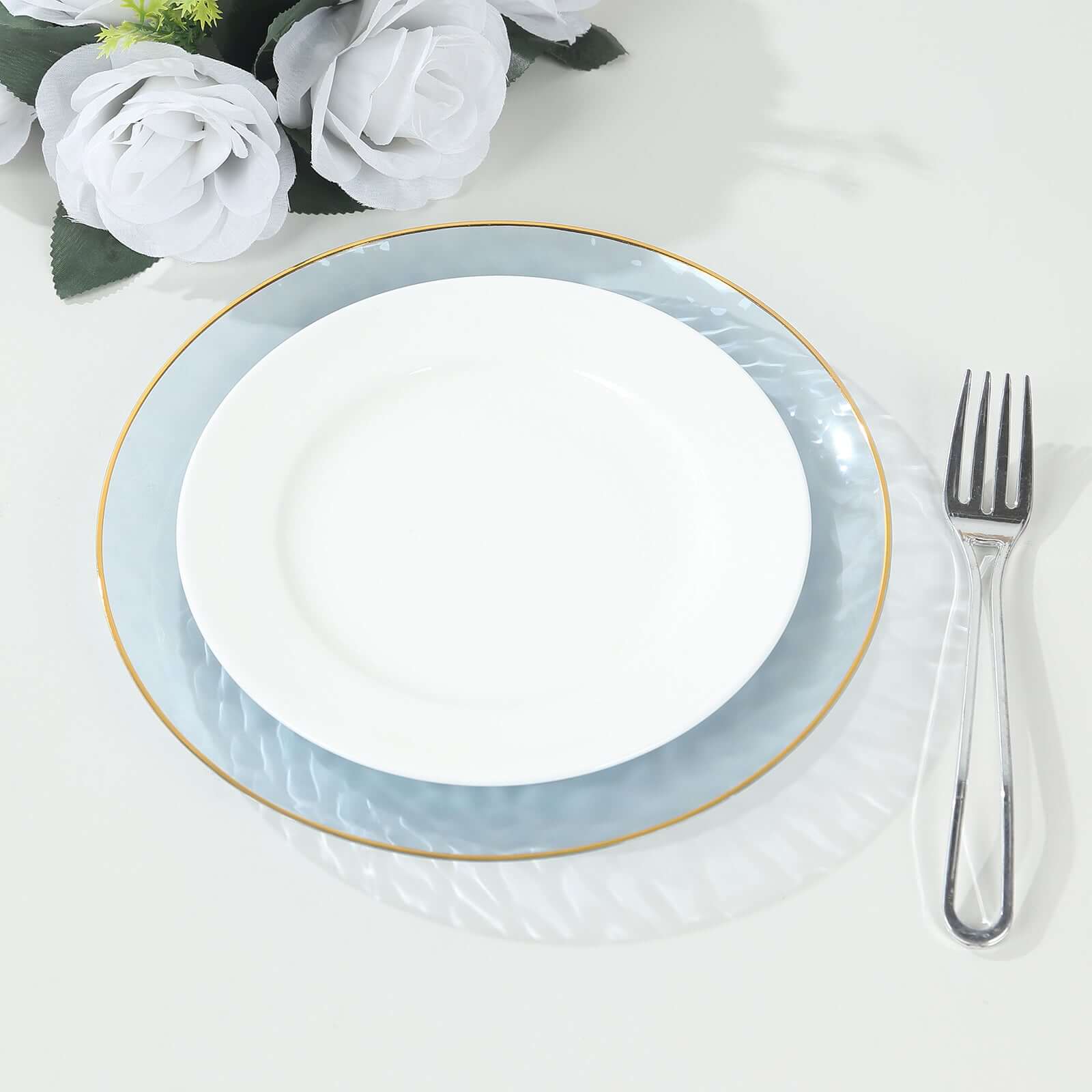 10-Pack Plastic 9" Round Dinner Plates in Transparent Dusty Blue Hammered Design with Gold Rim - Modern Disposable Party Plates