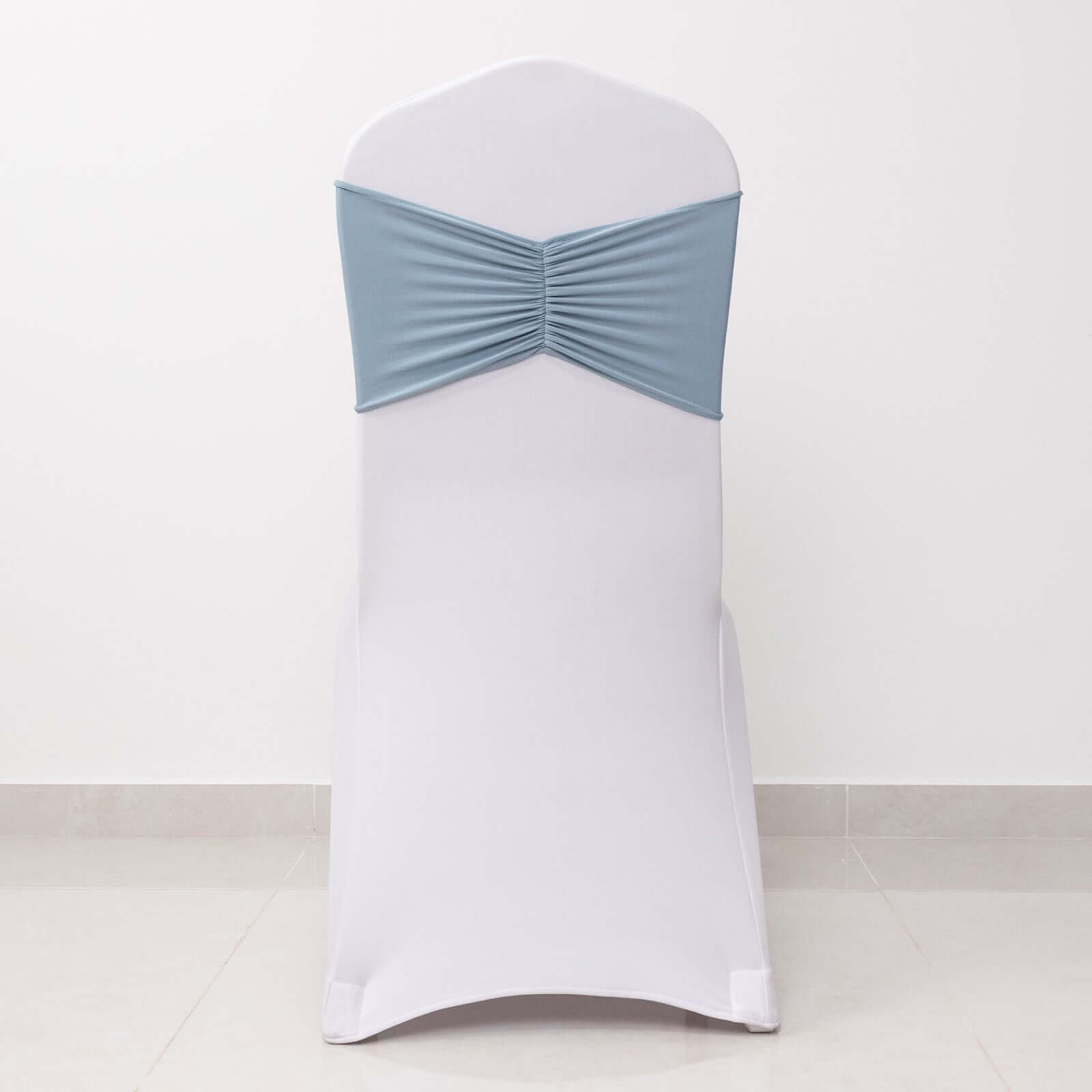 5 Pack Spandex Chair Sashes Dusty Blue Ruffled Style - Wide Easy to Use Stretch Chair Bands 8"x13"