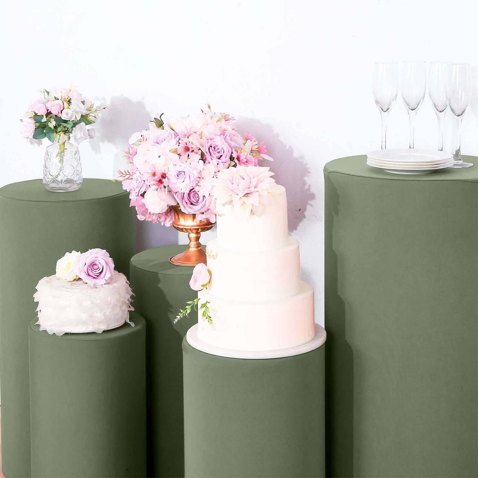 Set of 5 Dusty Sage Green Spandex Cylinder Pedestal Stand Covers, Stretchable Pillar Prop Covers - 160 GSM