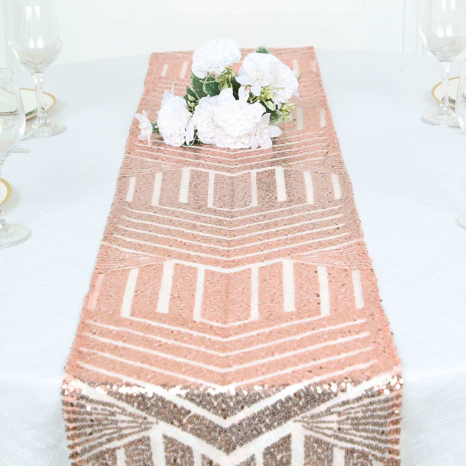 Sequin 12"x108" Table Runner Rose Gold - Diamond Glitz Design