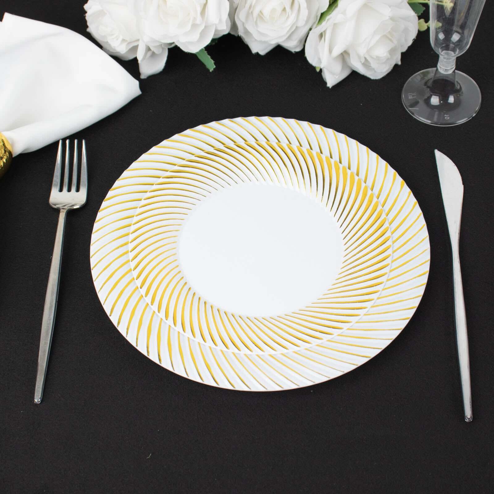 10-Pack Plastic 9" Round Dinner Plates White with Gold Swirl Rim - Disposable Party Plates