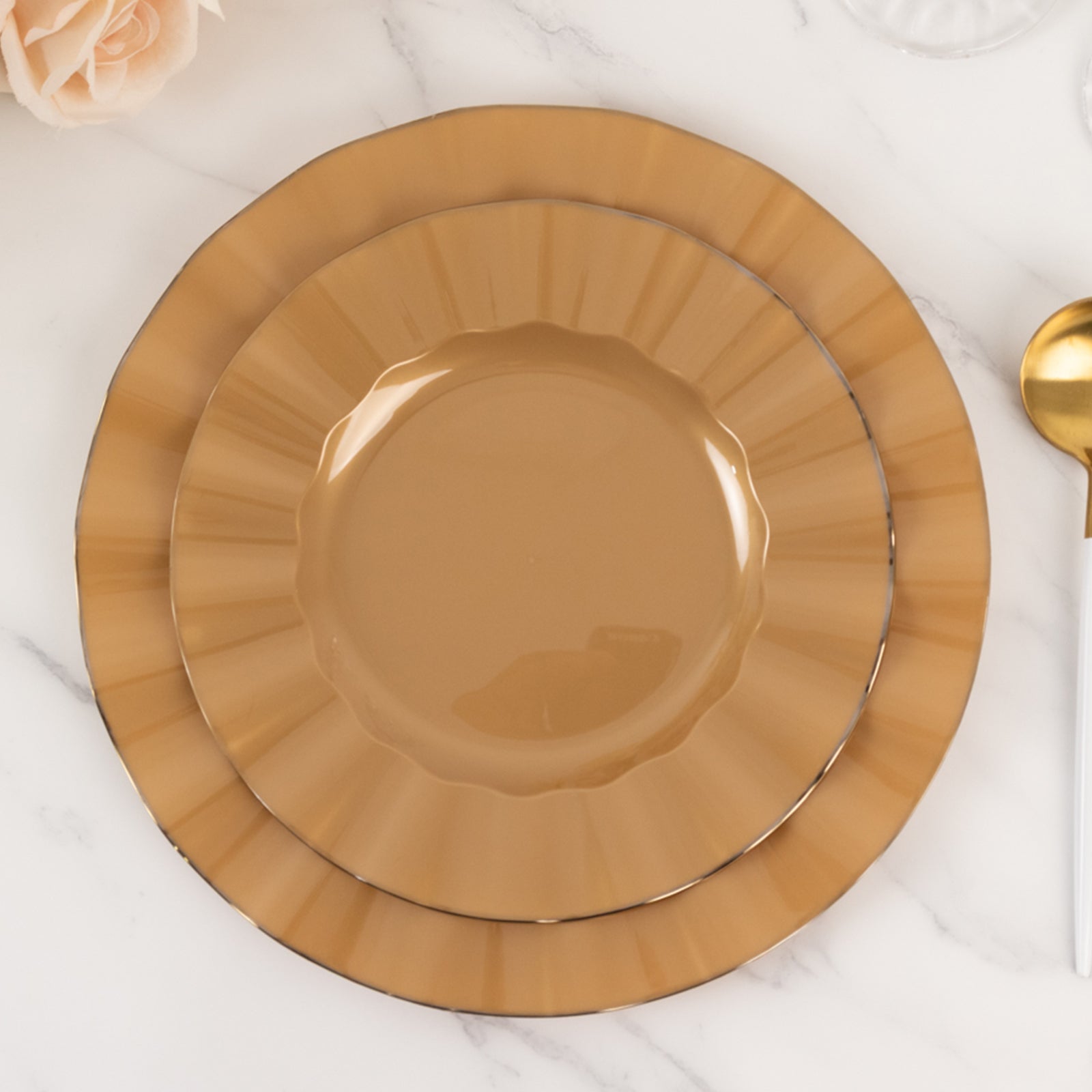10-Pack Plastic 9" Round Dinner Plates in Gold with Ruffled Rim - Sturdy Disposable Dinnerware for Classy Events & Banquets