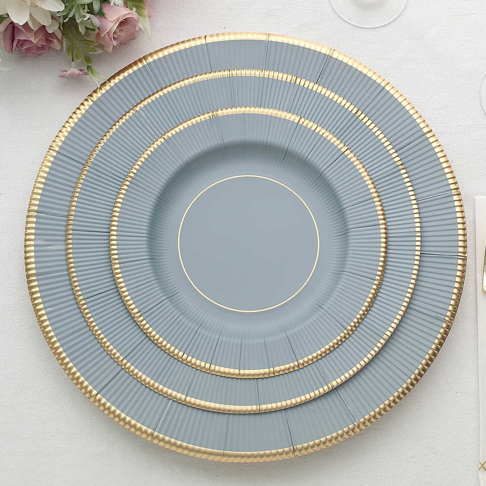 25-Pack Paper 8" Round Dessert Plates in Dusty Blue Sunray Design with Gold Rim - Disposable Heavy Duty 350GSM Appetizer Salad Plates