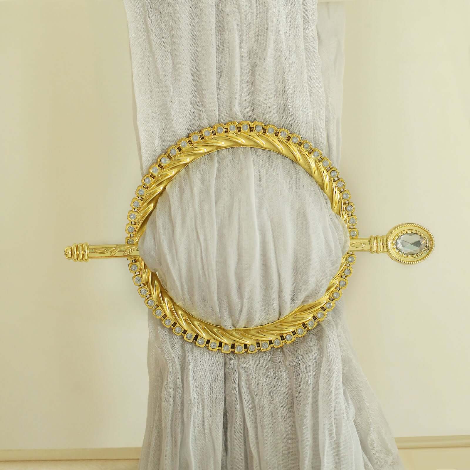 Set of 2 6" Gold Acrylic Braided Barrette Style Curtain Tie Backs With Crystal Diamond Studded Edge, Round Backdrop Drapery Brooch Holdbacks