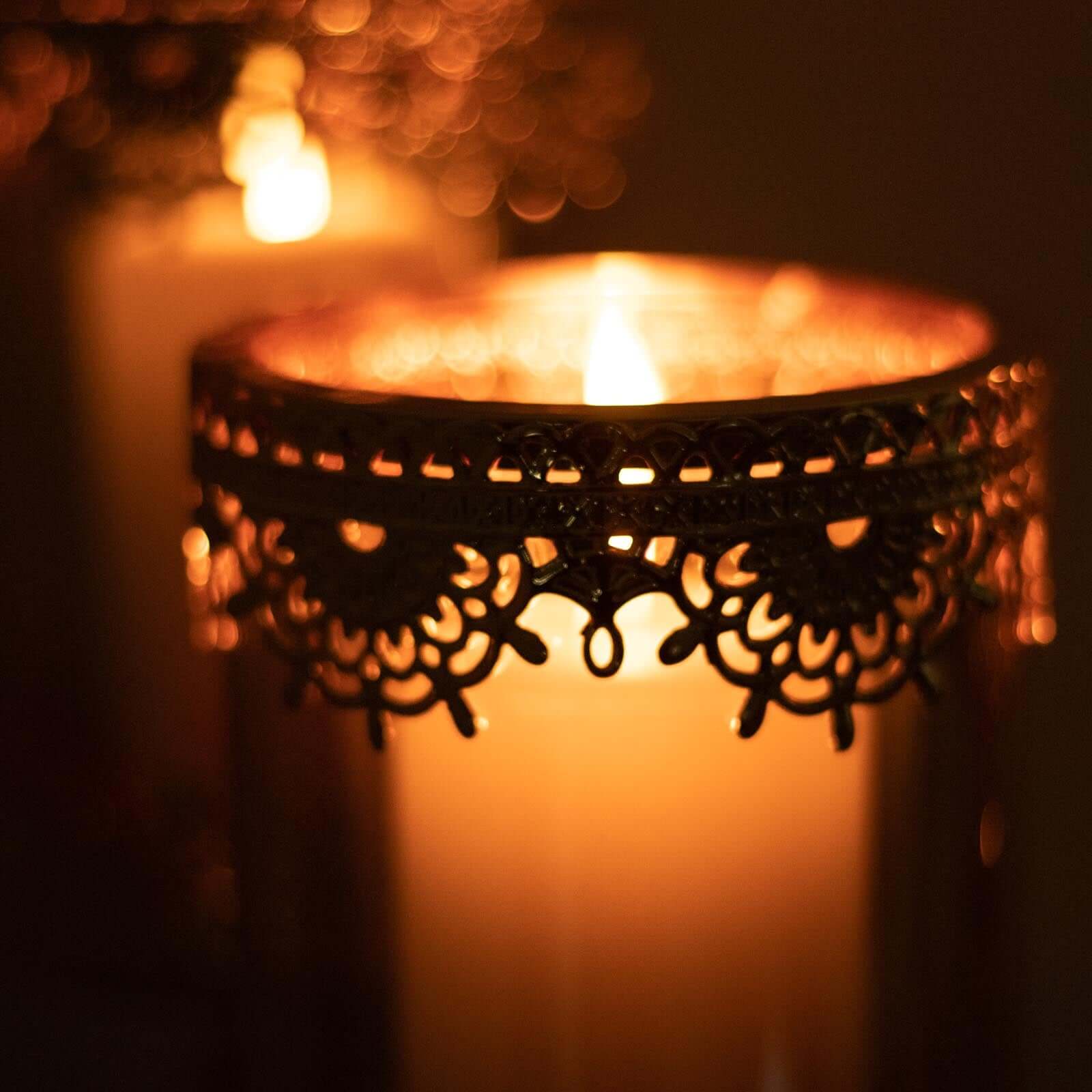 Set of 3 Lace Votive Candle Stands Antique Gold with Hurricane Glass Shades - Refined Pillar Candle Holders 13", 15", 17"