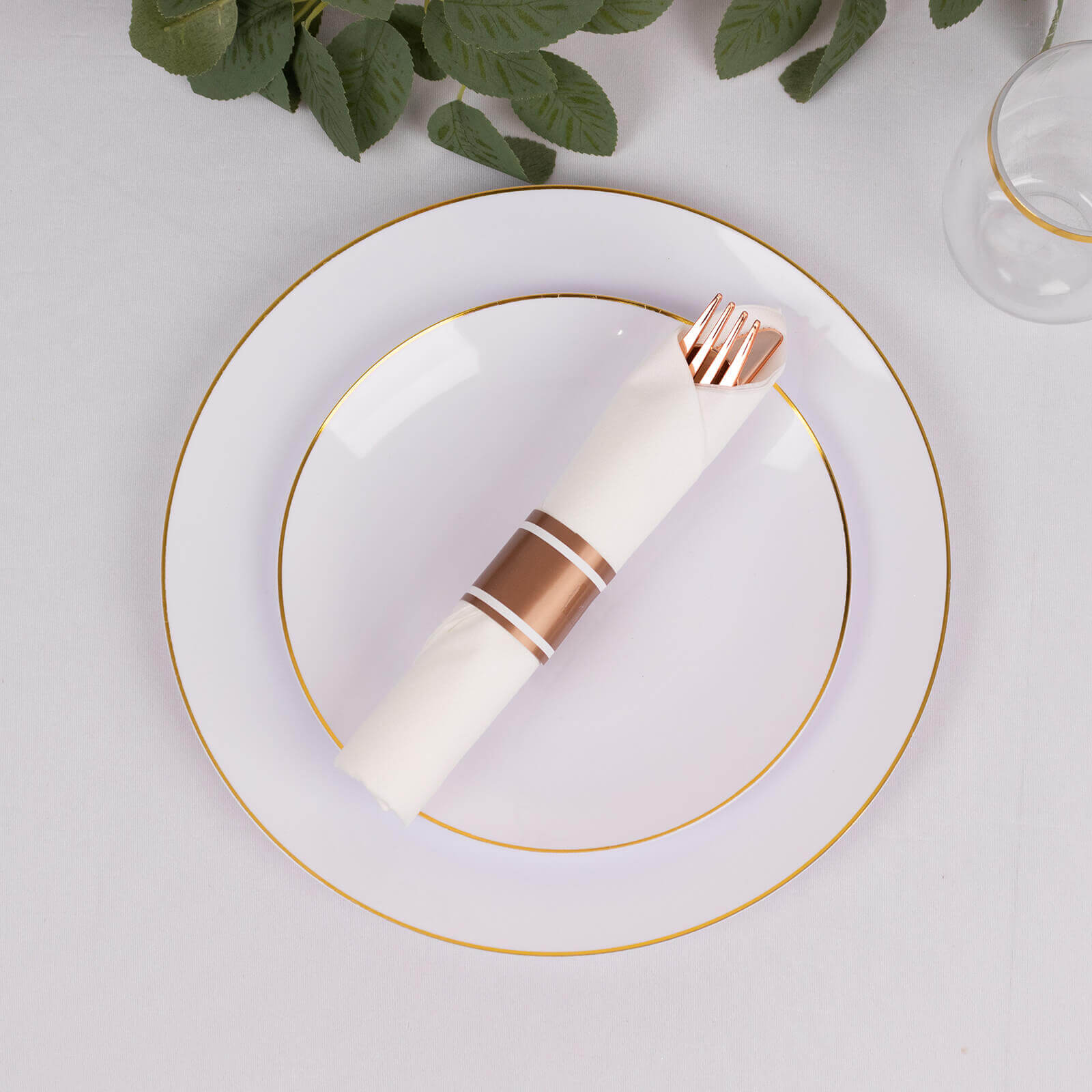 Set of 24 Rose Gold Plastic Silverware with Pre-Rolled White Paper Napkins - Disposable Wrapped Fork, Spoon, and Knife Set