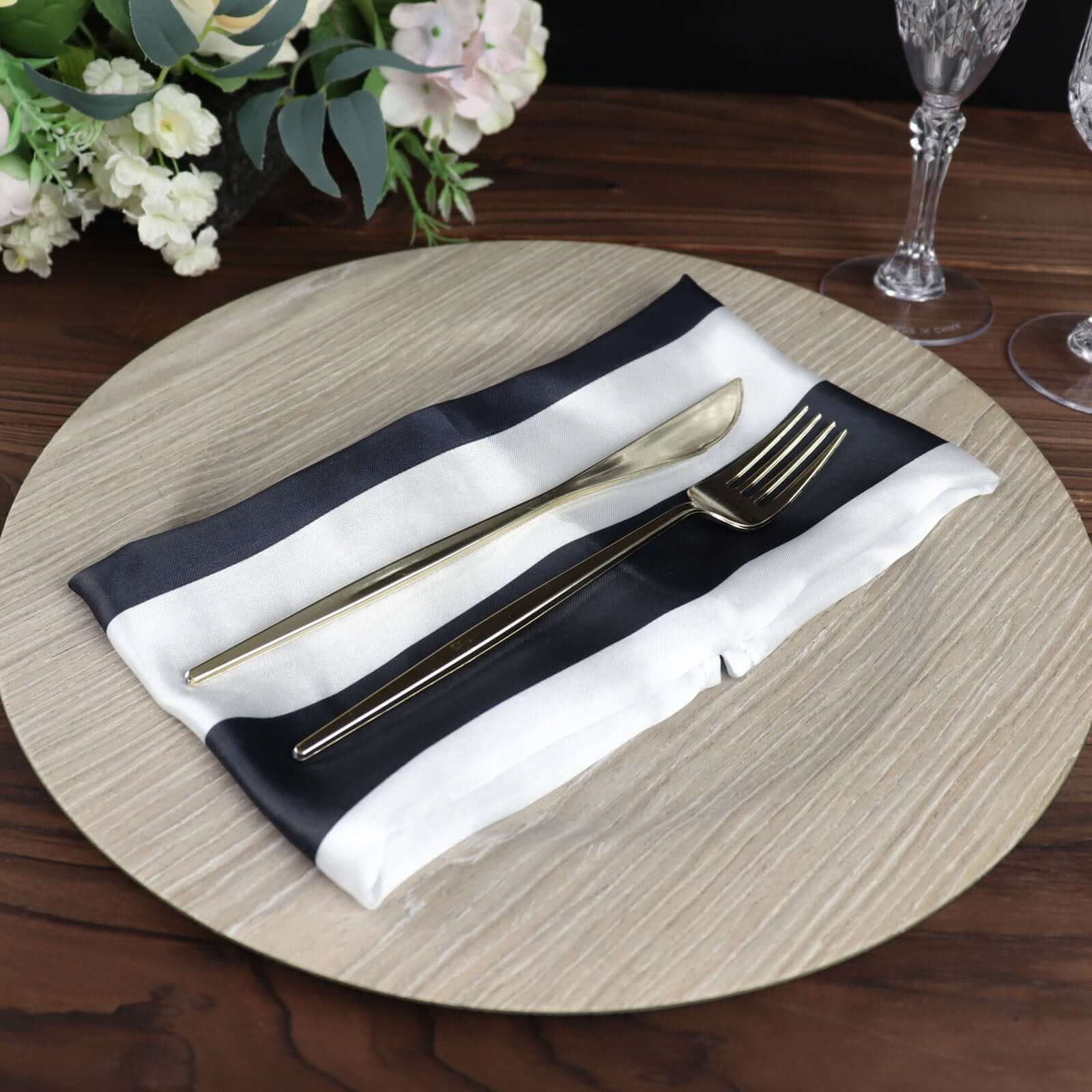 5 Pack Satin 20"x20" Napkins Black/White - Striped Reusable Dinner Napkins for Formal & Casual Dining