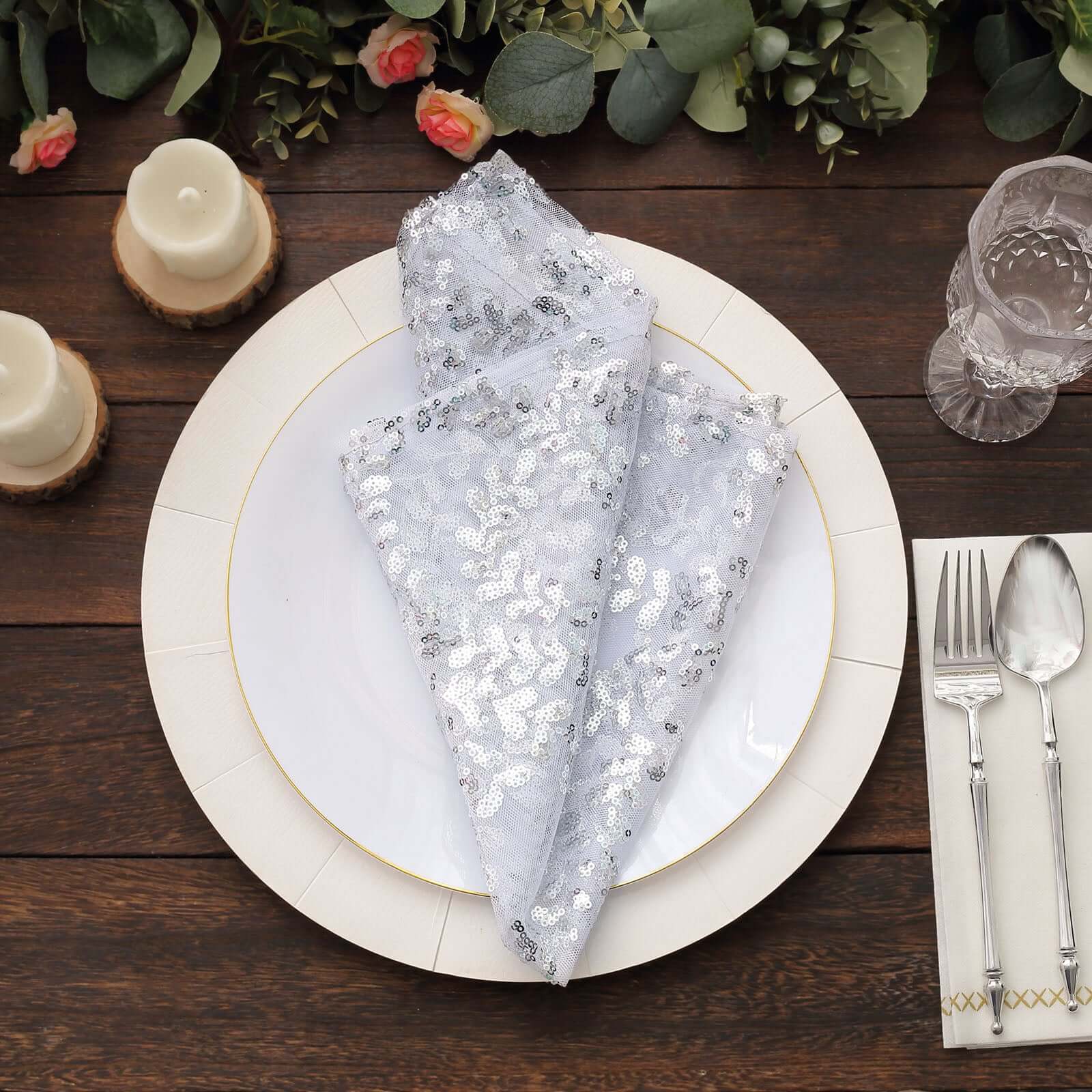 Sequin Tulle 20"x20" Napkin Silver - Embroidered Leaf Vine Dinner Napkins