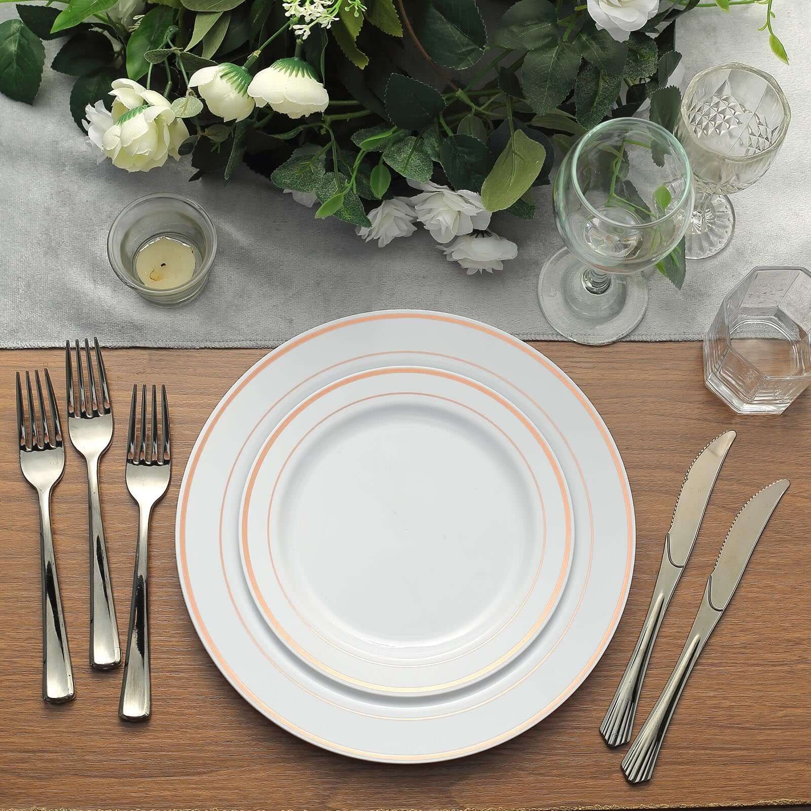 10-Pack Plastic Dinner Plates White with Très Chic Rose Gold Rim - Perfect Disposable Party Plates 10"