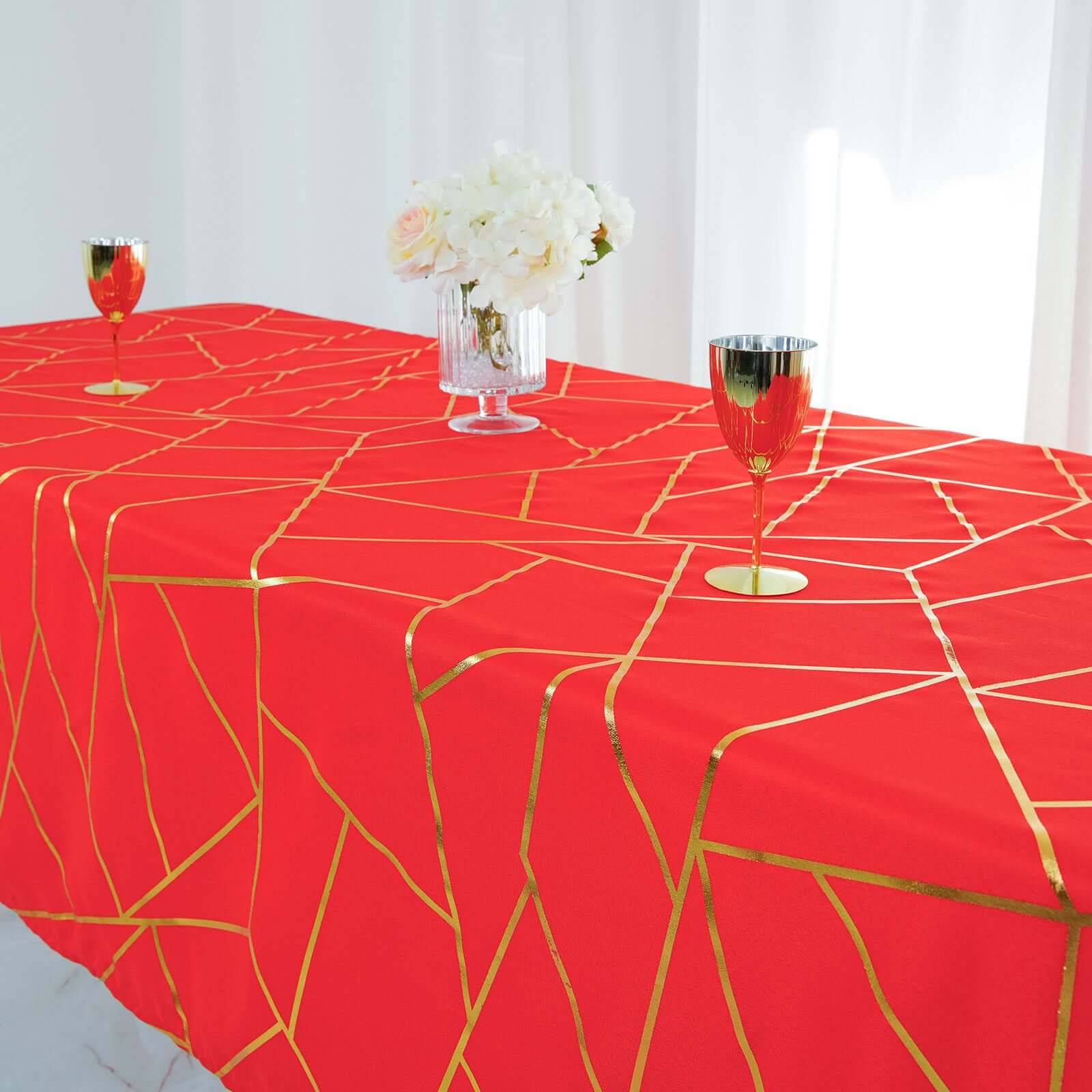 Polyester 60"x102" Rectangle Tablecloth Red with Gold Foil Geometric Pattern - Wrinkle-Resistant & Durable Table Cover