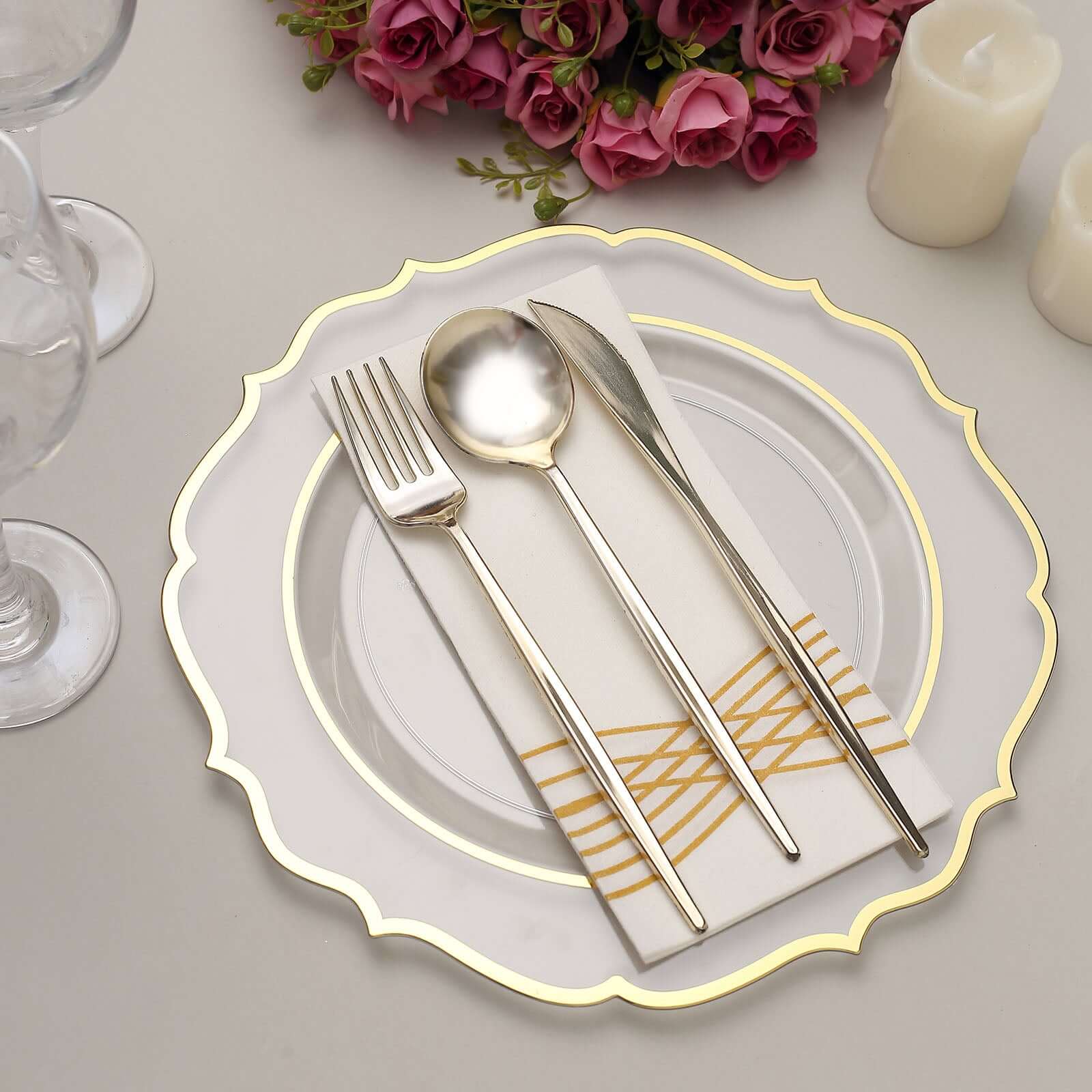 10-Pack Plastic 10" Round Dinner Plates in Clear with Gold Scalloped Rim - Disposable Party Plates
