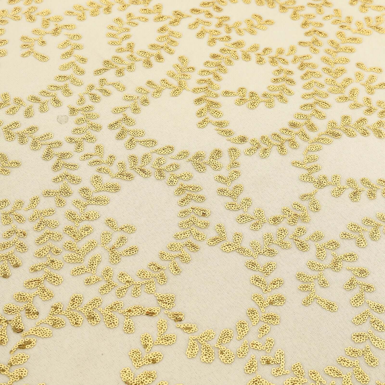 Tulle 120" Round Tablecloth Gold - Seamless Sequin Leaf Embroidered Design for Sophisticated Occasions