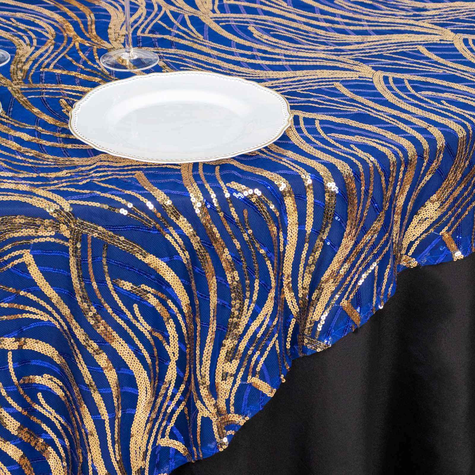 Mesh 72"x72" Table Overlay Square Tablecloth Royal Blue - Wave Embroidered Sequins Table Topper