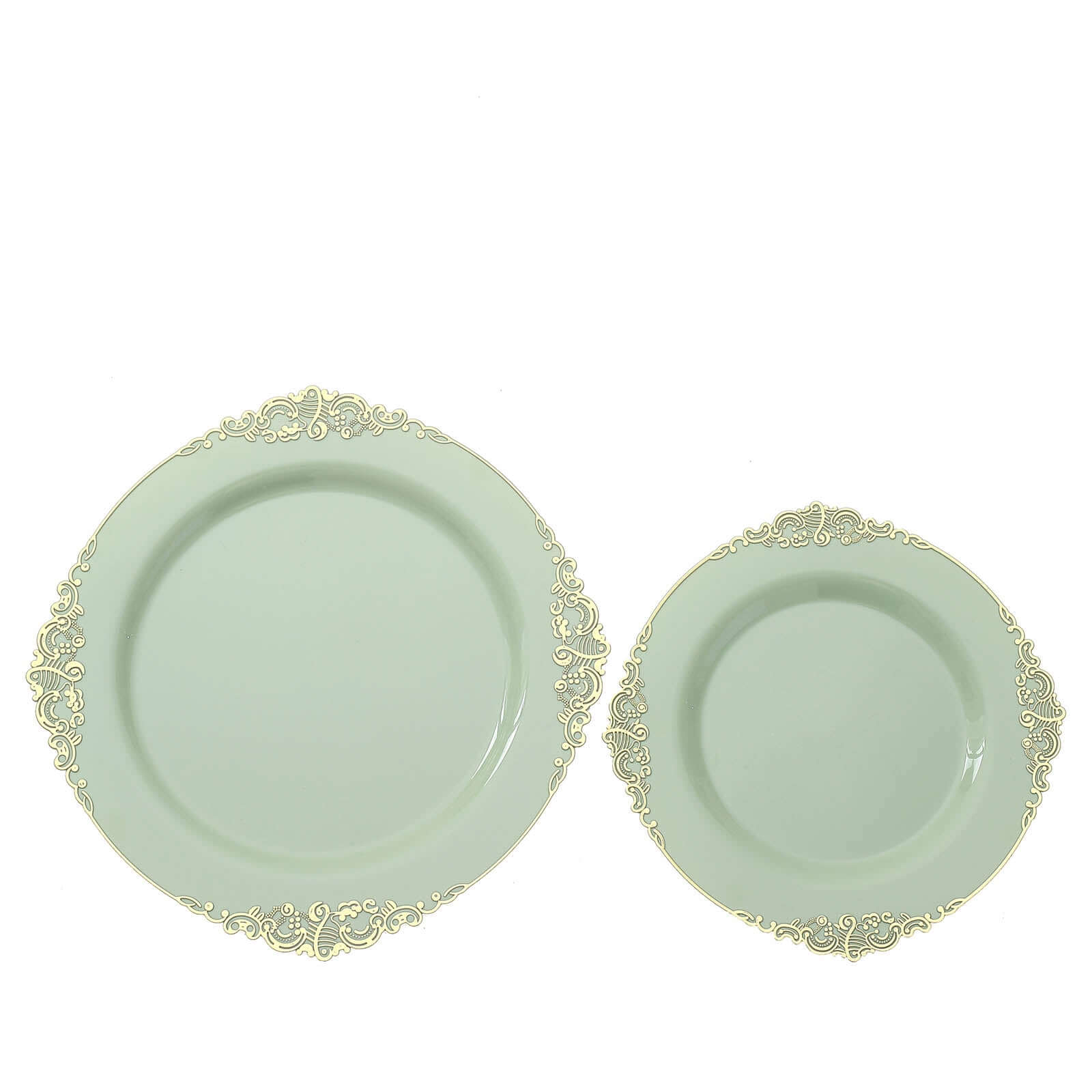 10-Pack Plastic 10" Round Dinner Plates in Sage Green with Gold Leaf Embossed Rim - Disposable Vintage Baroque Style Plates