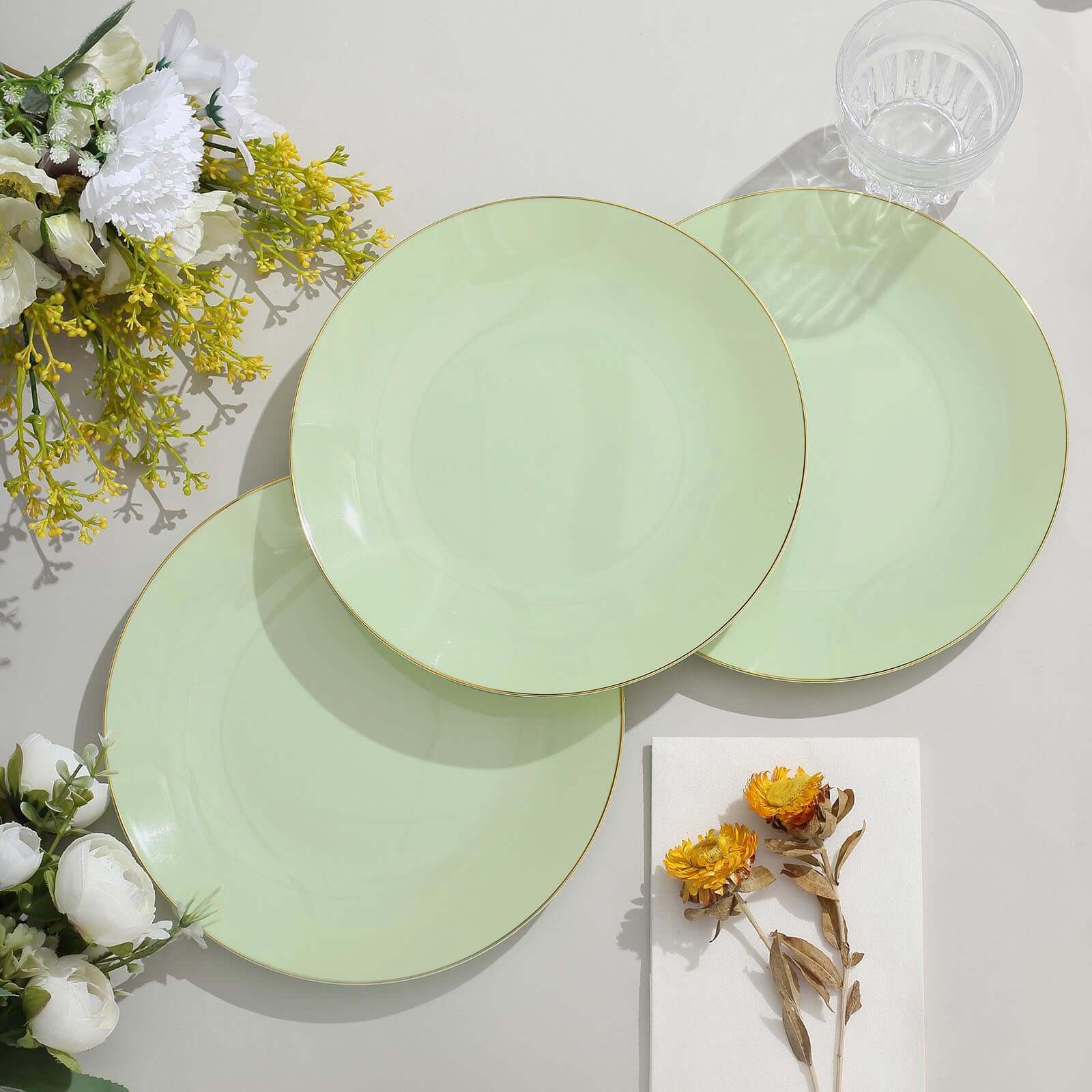 10-Pack Plastic 8" Round Dessert Plates in Sage Green with Gold Rim - Glossy Disposable Appetizer Salad Plates