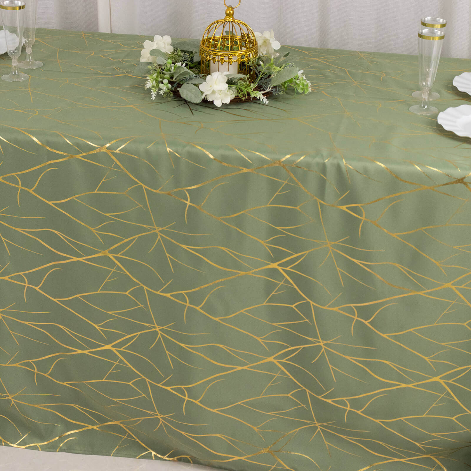Polyester 90"x132" Rectangle Tablecloth Dusty Sage Green with Gold Foil Tree Branch Pattern - Wrinkle-Resistant Seamless Table Cover