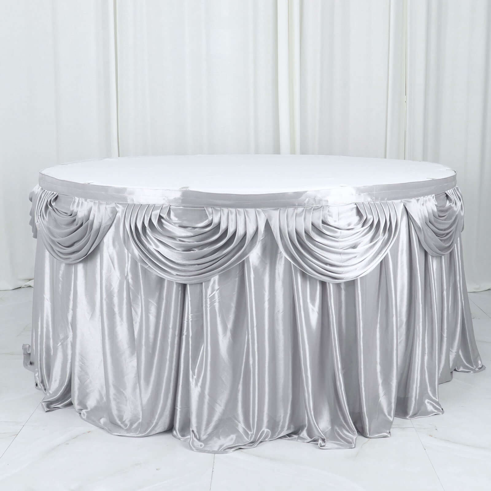 Satin 14ft Table Skirt Silver - Pleated Double Drape Table Cover