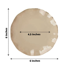 10-Pack Plastic Round 6" Dessert Plates in Taupe Ruffled Rim with Gold Edging - Sturdy Disposable Salad Appetizer Dinnerware