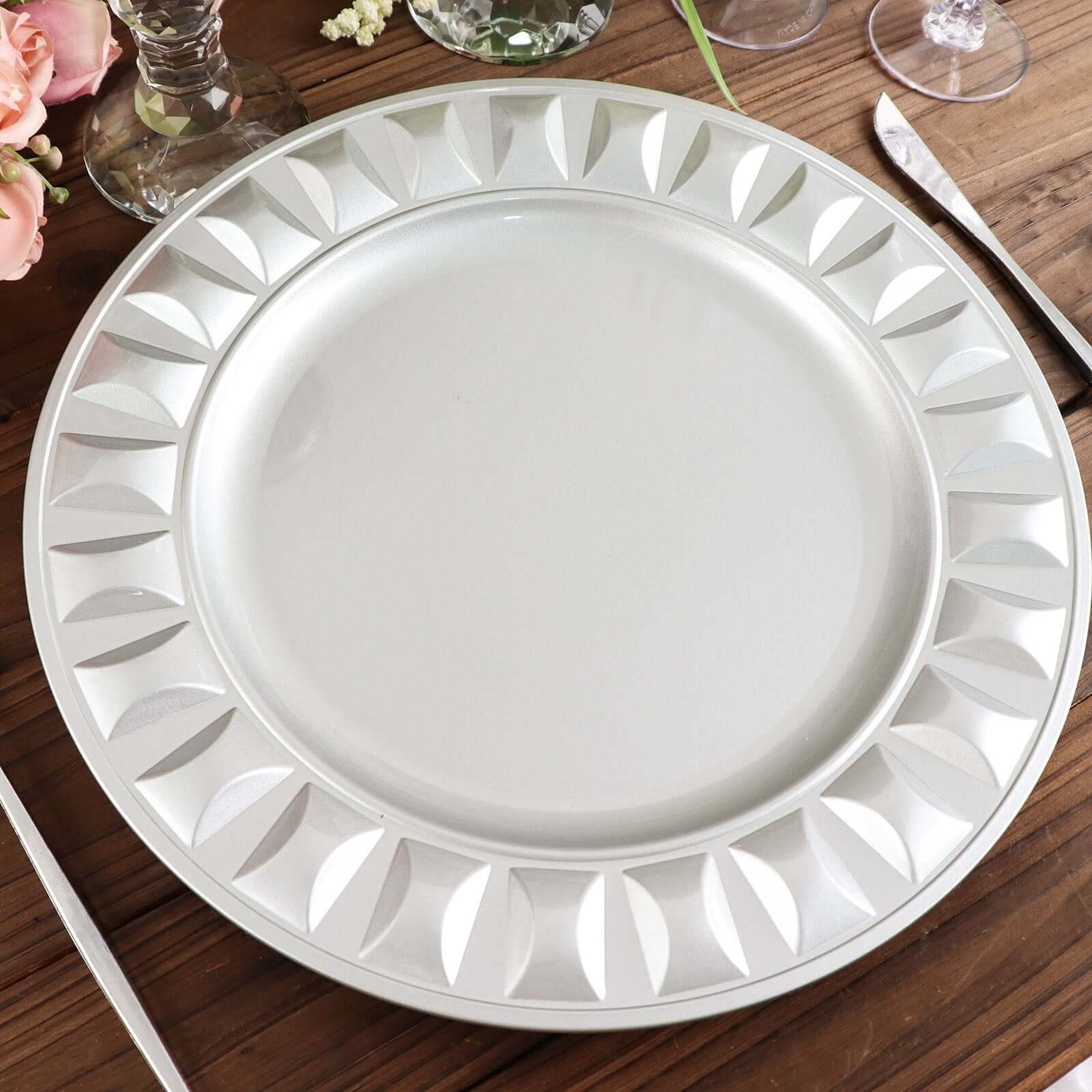 6-Pack Plastic Round Charger Plates 13" in Silver with Bejeweled Rim, Luxe Decorative Dinner Party Charger Tableware
