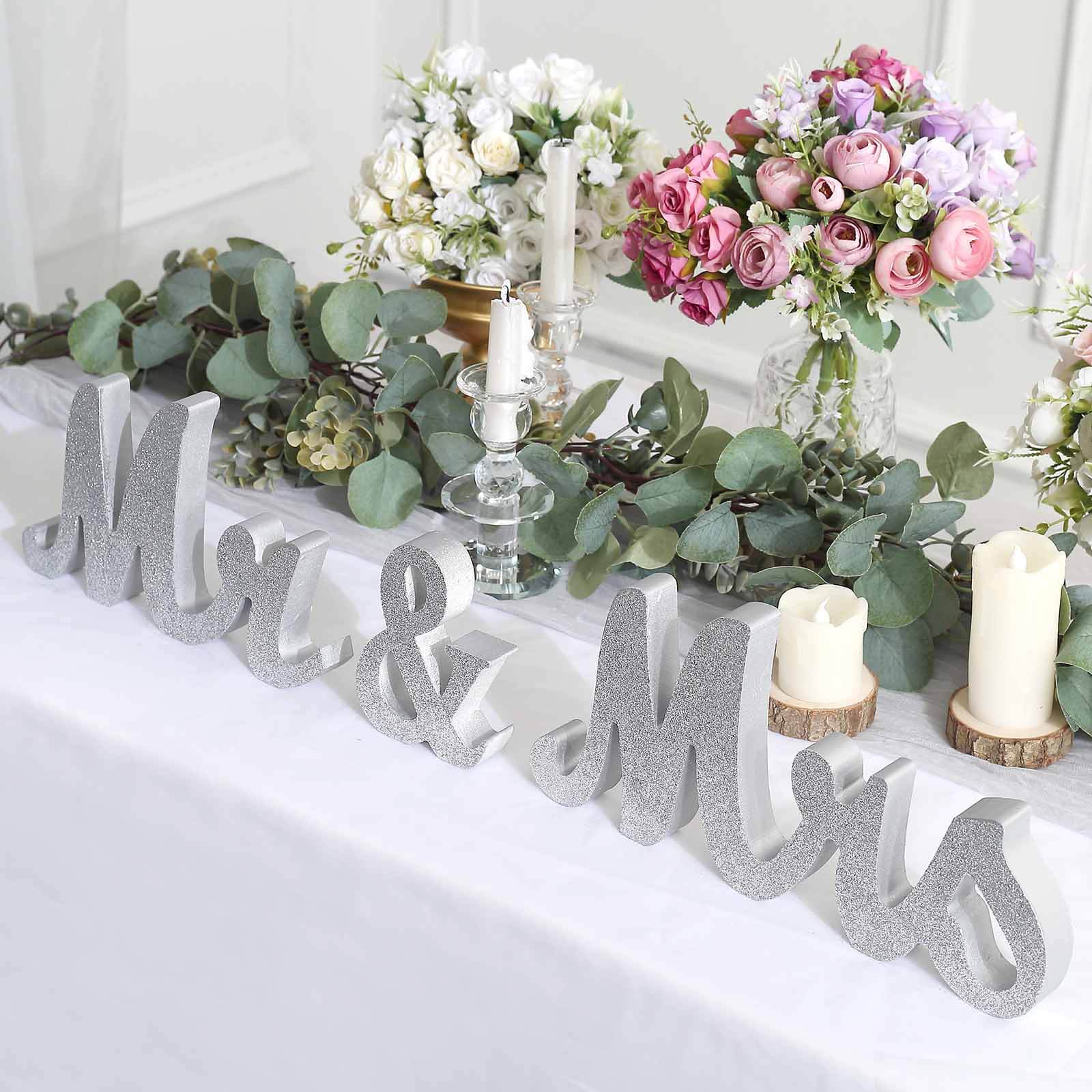 Wooden "Mr & Mrs" Freestanding Letters Silver Glittered - Rustic Glam Wedding Table Display Signs