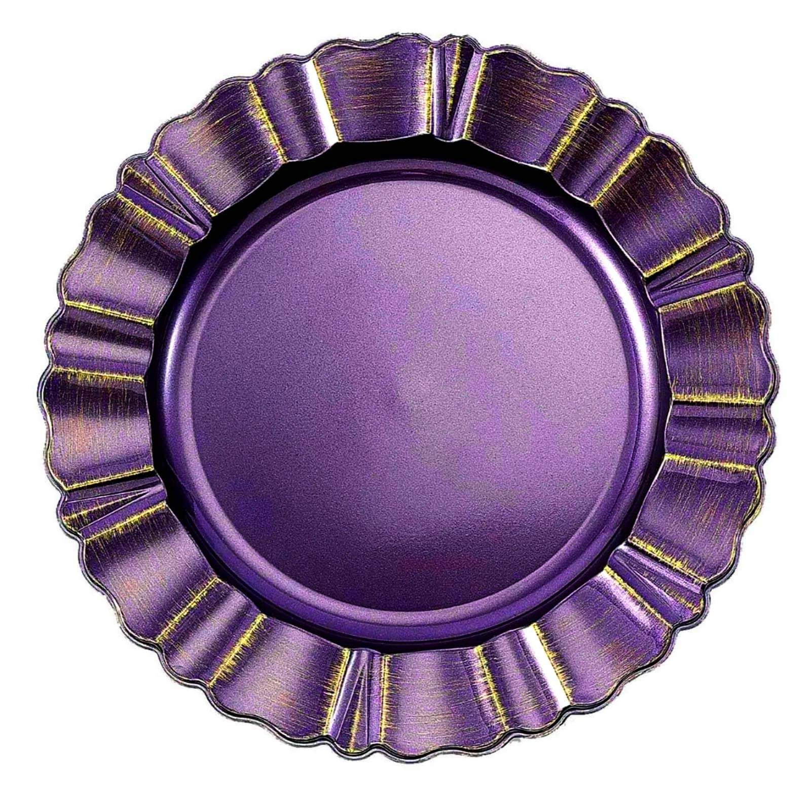 6-Pack Acrylic Plastic Round Charger Plates 13" in Purple with Gold Brushed Wavy Scalloped Rim, Decorative Dinner Party Charger Tableware
