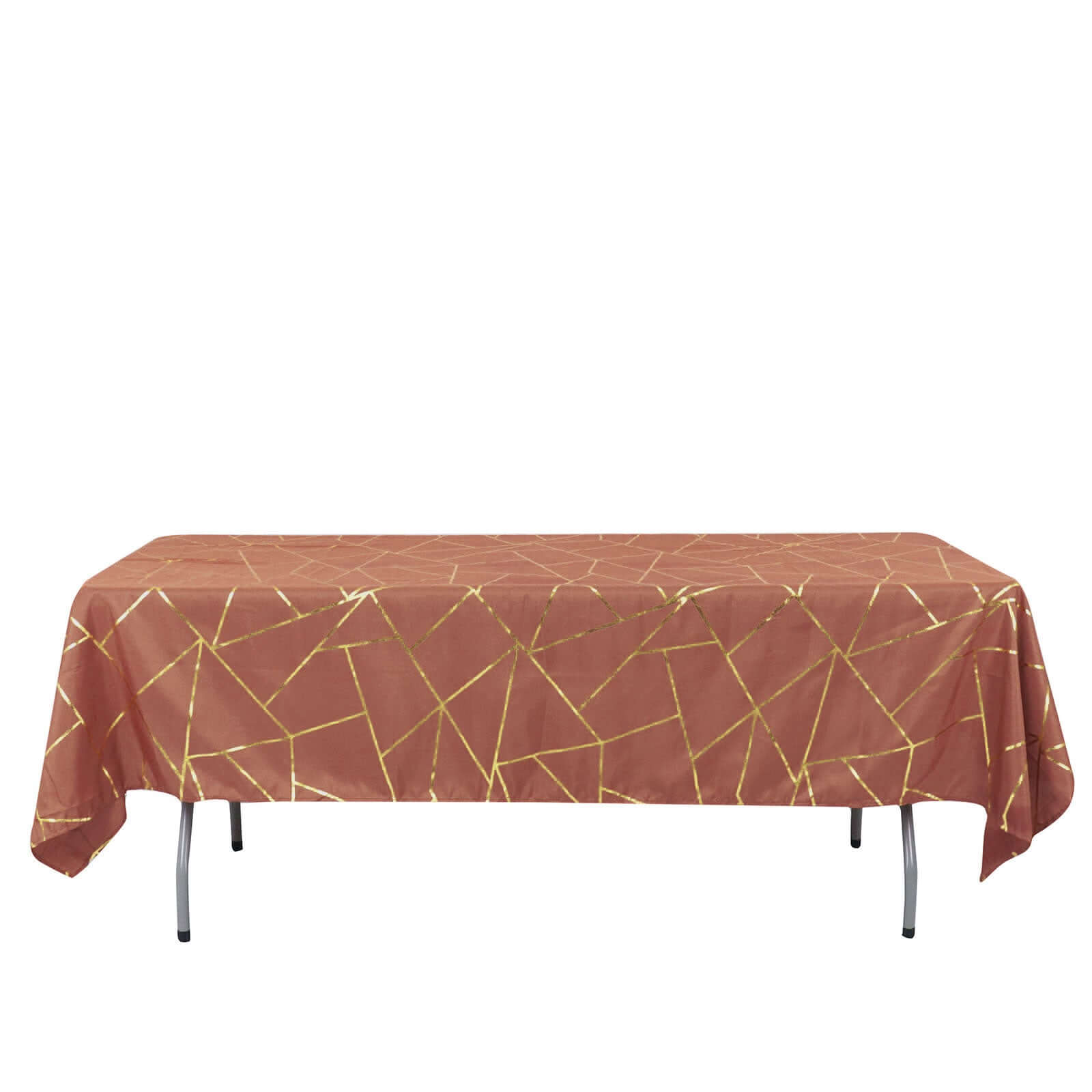 Polyester 60"x102" Rectangle Tablecloth Terracotta (Rust) with Gold Foil Geometric Pattern - Wrinkle-Resistant & Durable Table Cover
