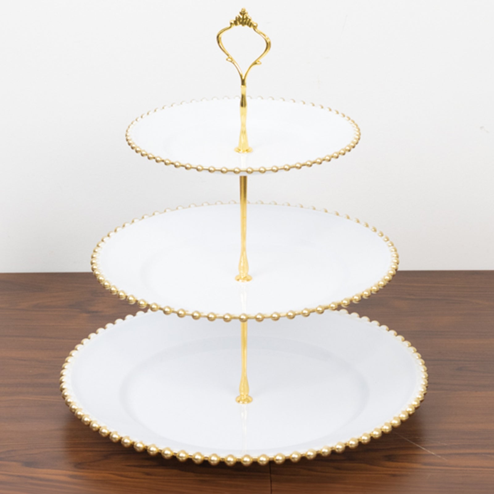 14" White 3-Tier Plastic Dessert Display Stand With Gold Beaded Rim, Round Cupcake Tower Tea Party Serving Platter With Top Handle