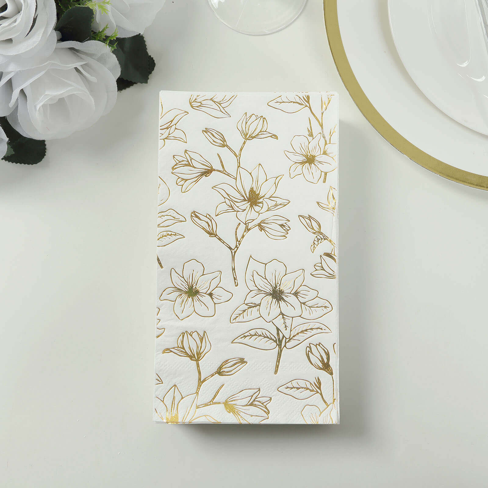 50-Pack Paper Dinner Napkins White with Gold Magnolia Flowers Print 2-Ply - Disposable Soft Napkins for Parties