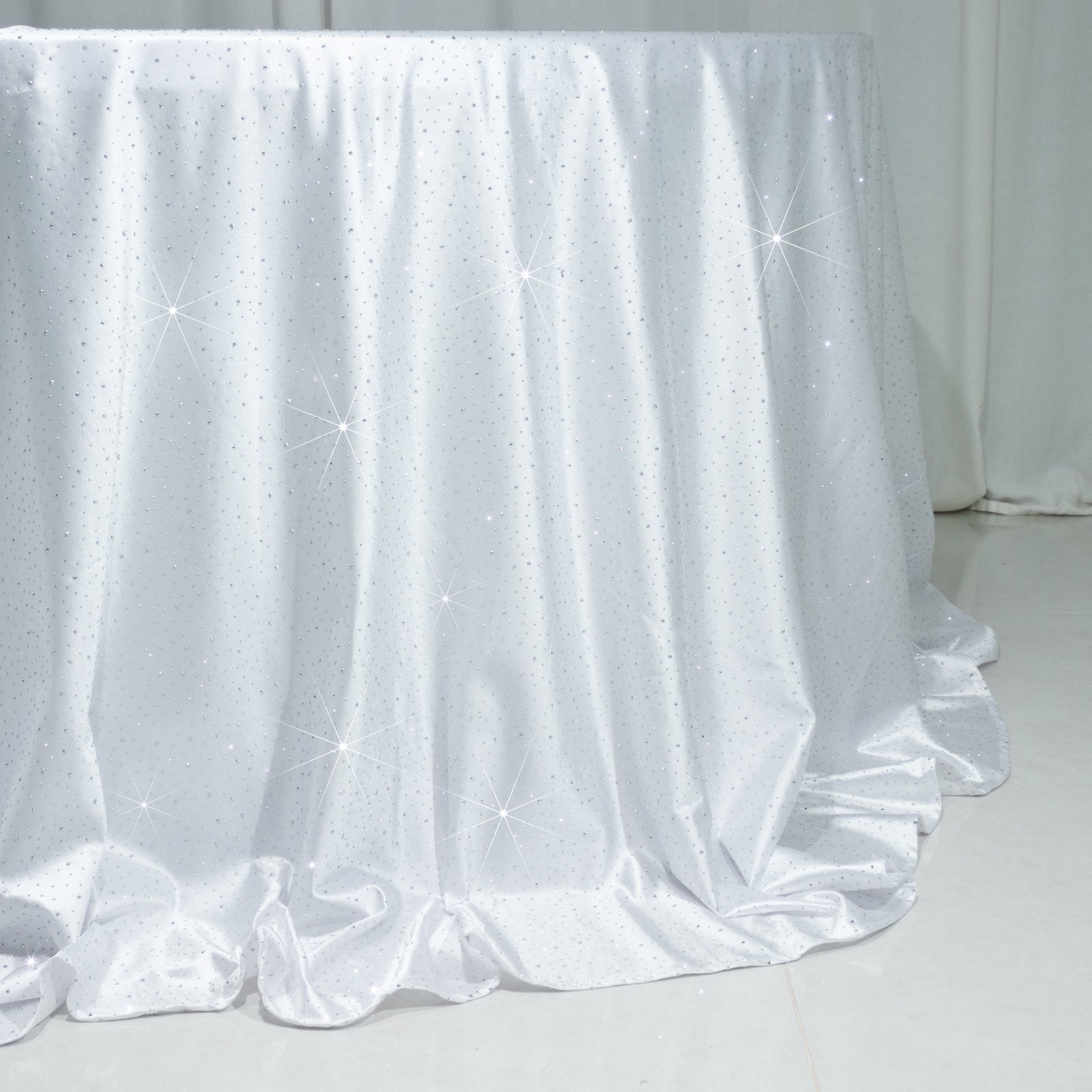 Scuba Round Tablecloth 132″ White with Rhinestone Accents – Seamless, Wrinkle-Free, Stain-Resistant Event Linen