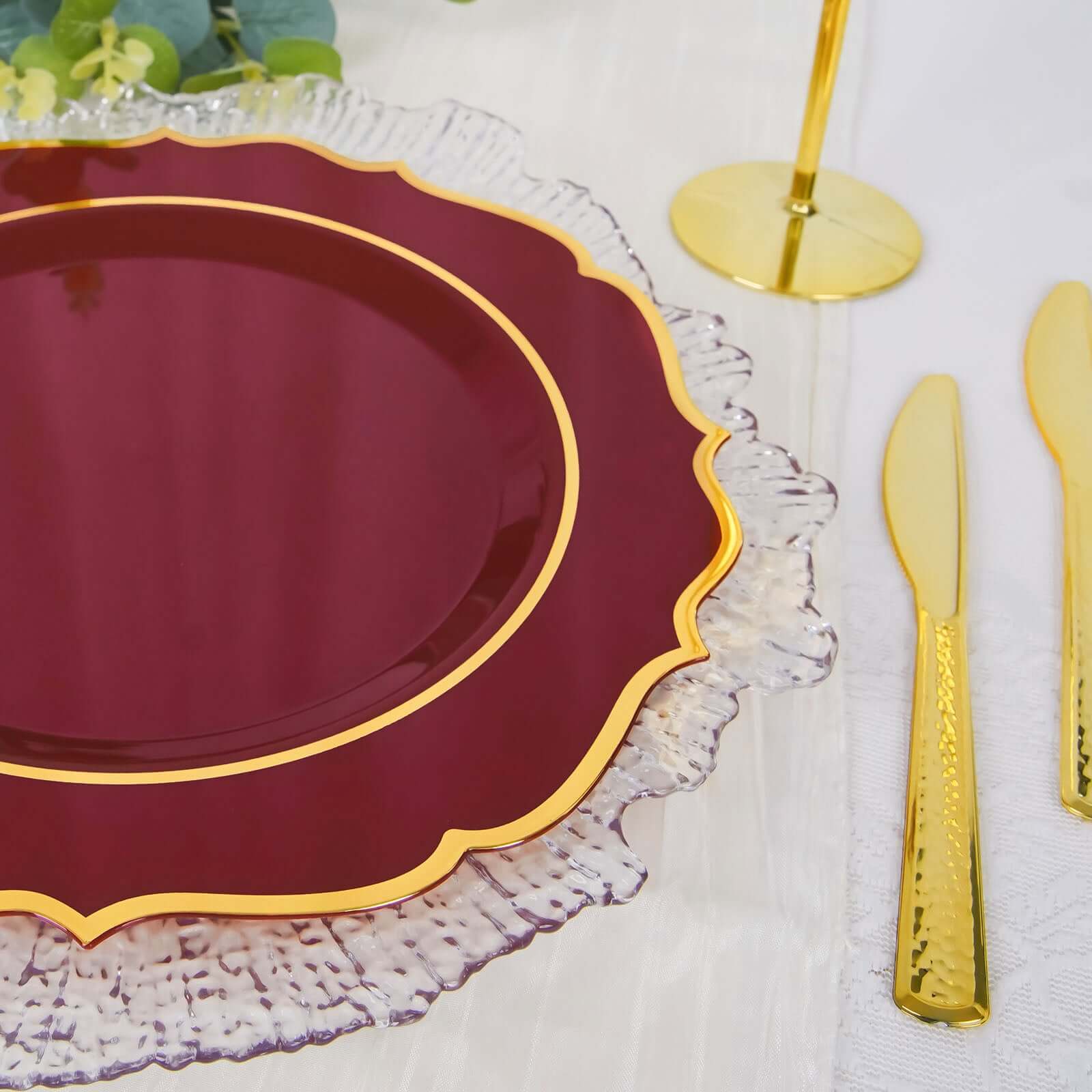 10-Pack Plastic 10" Round Dinner Plates in Burgundy with Gold Scalloped Rim - Disposable Party Plates