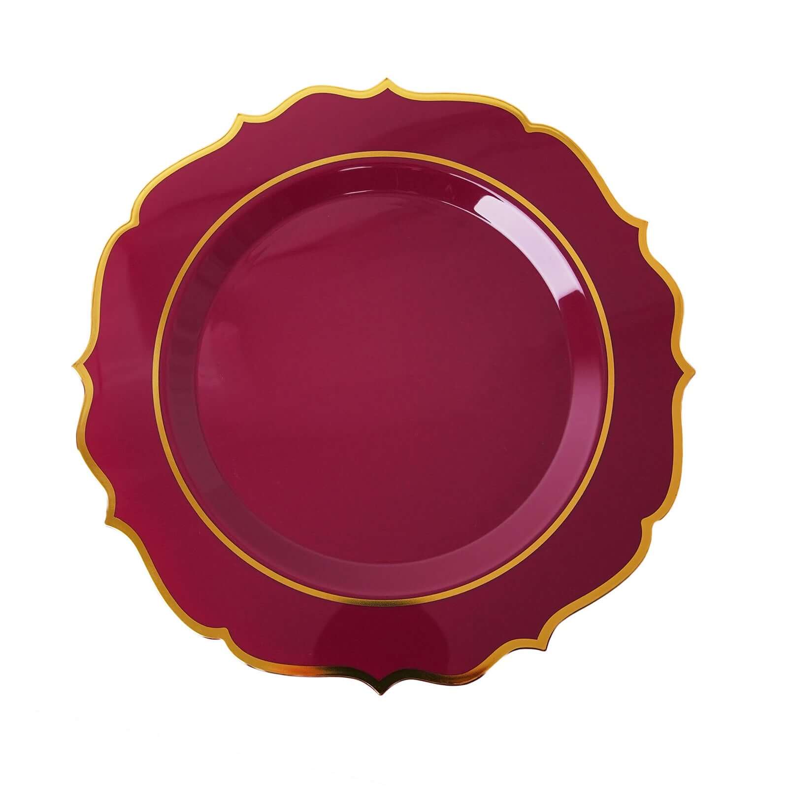 10-Pack Plastic 8" Round Dessert Plates in Burgundy with Gold Scalloped Rim - Disposable Appetizer/Salad Plates