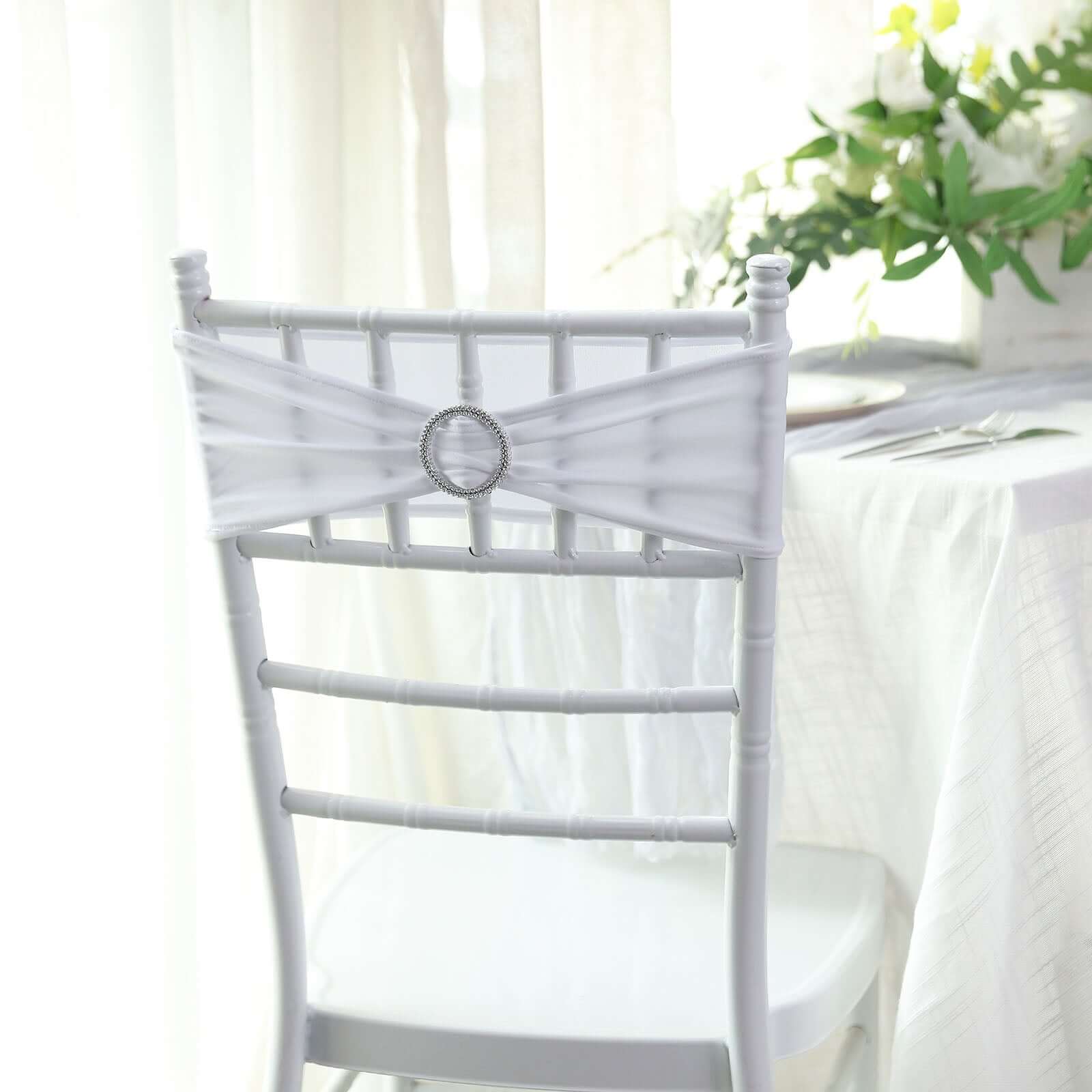 5 Pack Stretch Spandex Chair Sashes White - Classy Reusable Chair Bands with Silver Diamond Ring Slide Buckle 5"x14"