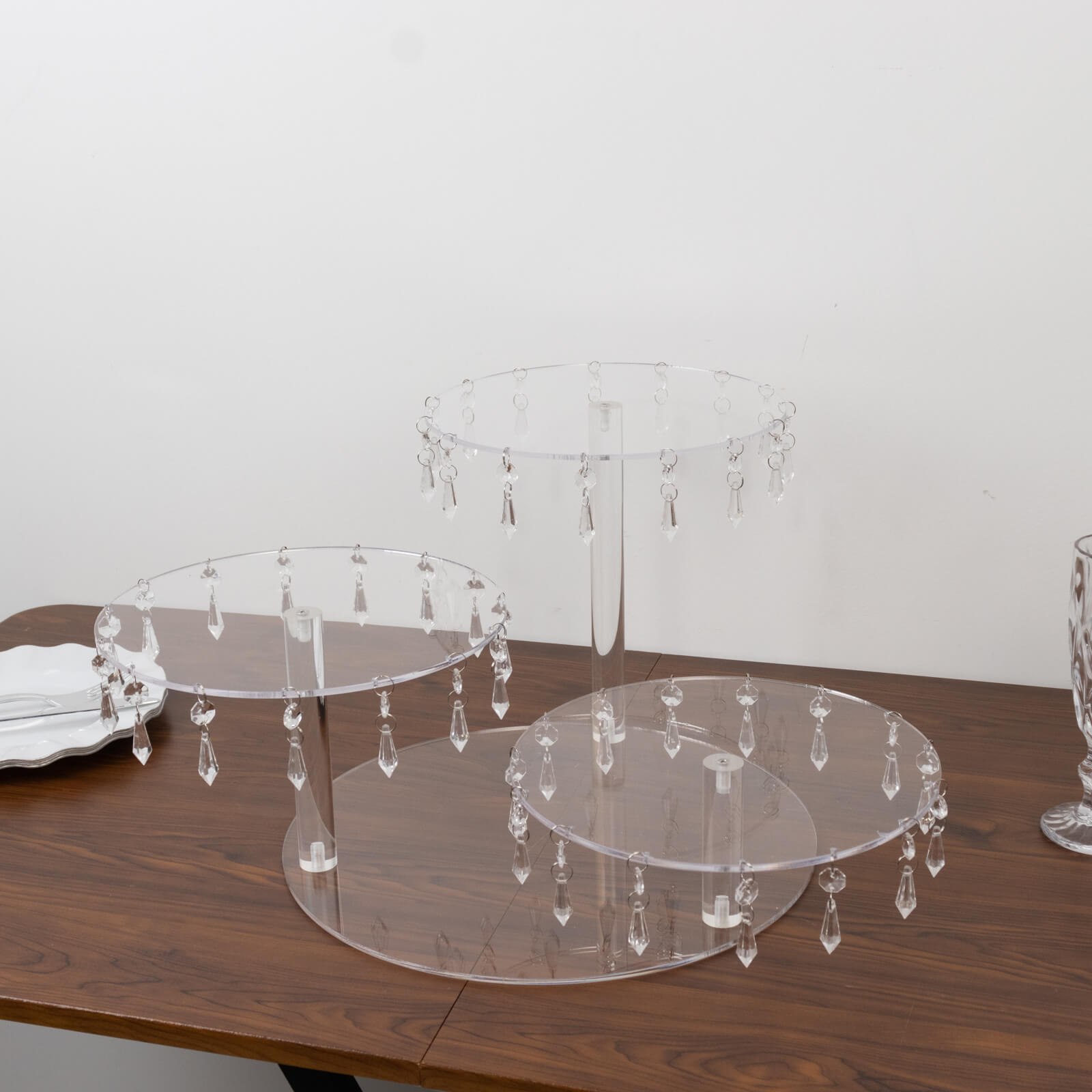 3-Tier Acrylic Cake Stand Clear with Hanging Crystal Pendants – Dessert Display for Weddings & Parties