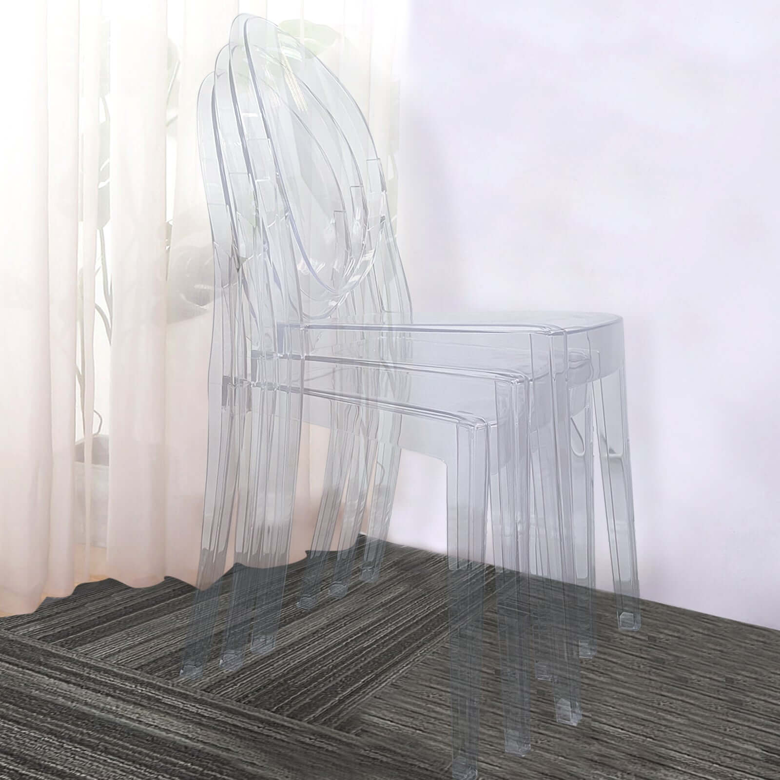 4 Pack Stackable Clear Acrylic Ghost Banquet Chairs with Oval Back, Fully Assembled Armless Event Accent Chair