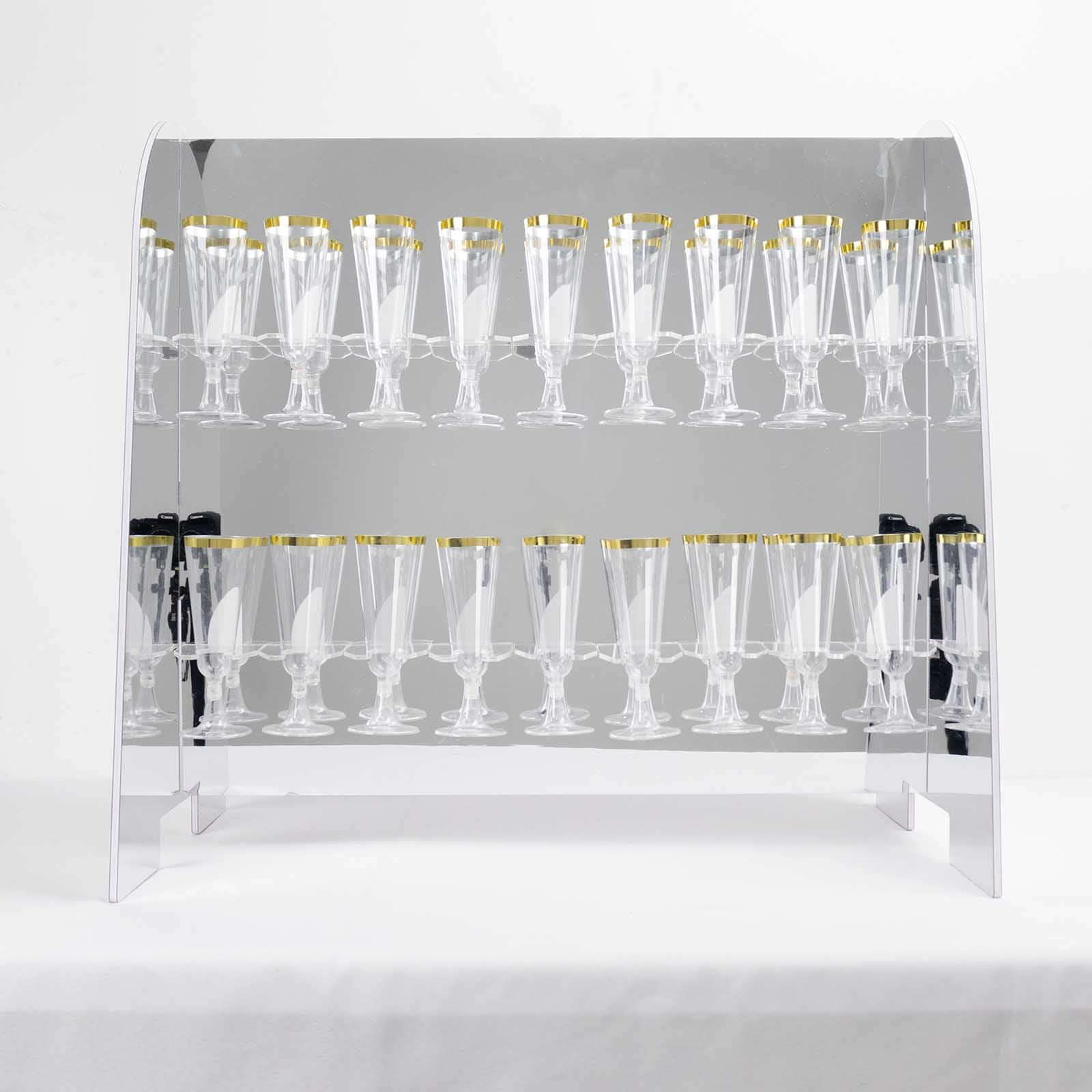 2-Tier Champagne Glass Holder Display Stand Table Top in Silver Mirror Finish - Modern Stemware Rack Cocktail Drink Holder with 18 Hooks for Events & DIY Bars 25"