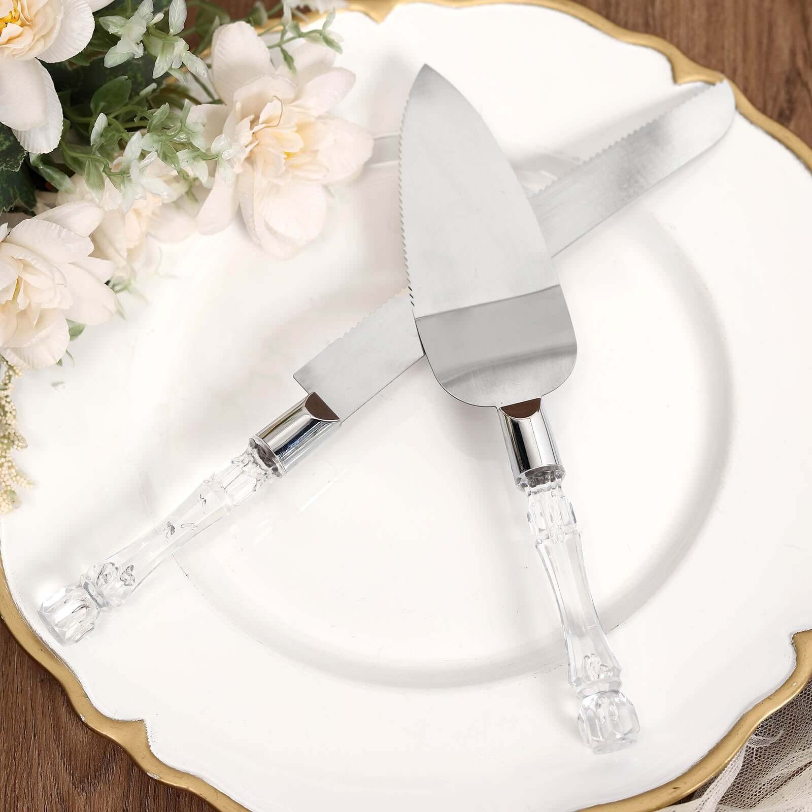 2 Set Knife and Server Stainless Steel with Clear Acrylic Handle - Party Favors with Gift Box 10" & 12"