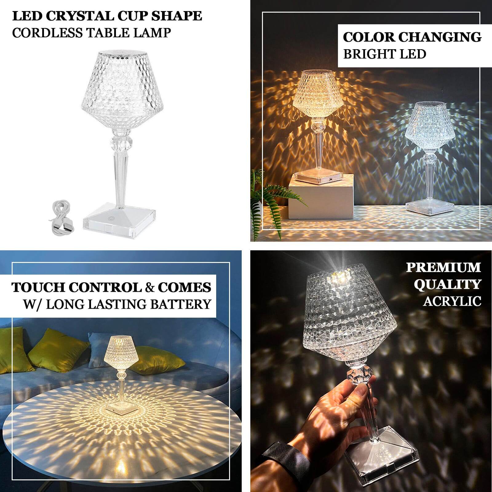 LED Acrylic Table Lamp Cup Shape Design Color Changing - Rechargeable Cordless Touch Control Accent Light 10"