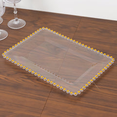 6-Pack Rectangular Acrylic Serving Trays Clear with Gold Beaded Rim - Food and Dessert Platters 9"x13"