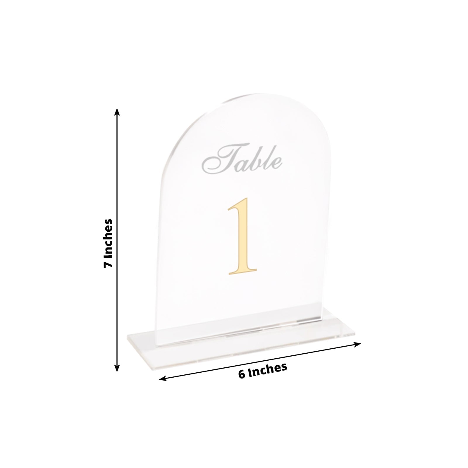 Clear Arch Acrylic Table Numbers (1-10) - 6"x7" Wedding Reception Signs with Gold Print & Stands
