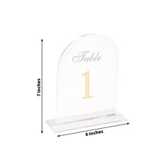 Clear Arch Acrylic Table Numbers (1-10) - 6"x7" Wedding Reception Signs with Gold Print & Stands